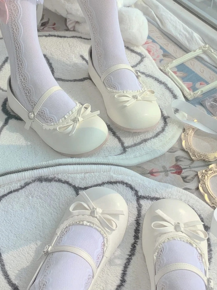 Lolita Beige mit matten Schuhen Schleife Flache runde geknotete Spitze