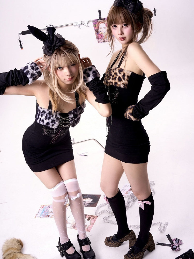 ギャルファッション ブラウン ヒョウ柄 プラッシュヘム クロス&ウィングプリント グラマラスドレス