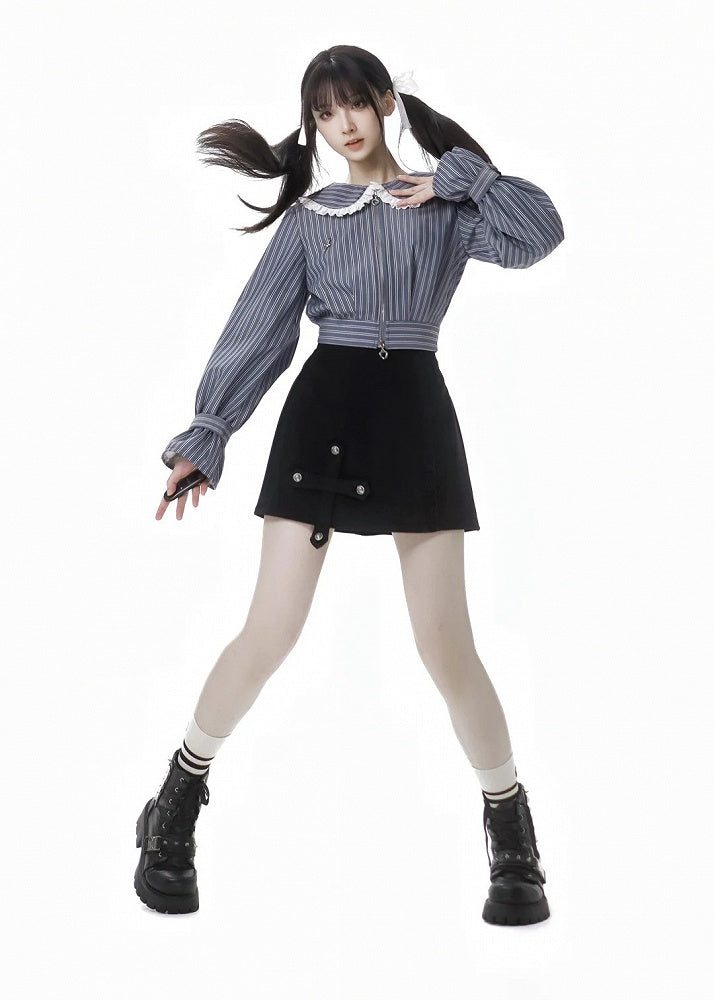 Blue&White Striped Pattern Lace Trim Peter Pan Collar Thicken Blouse