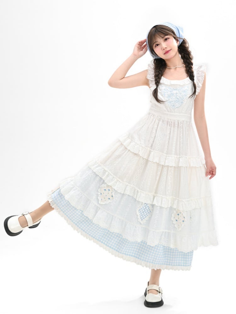 Overdress Trim Patch White Flutter Sleeves Lace Embroidery Plaid Tiered Cutton Skirt Blue