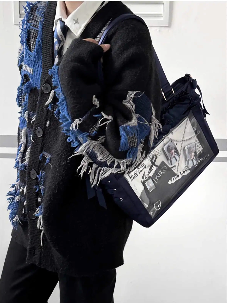 Trims Holder Bag Ita Bow Card Dark Satin Self-tie Straps Ruffle With Blue