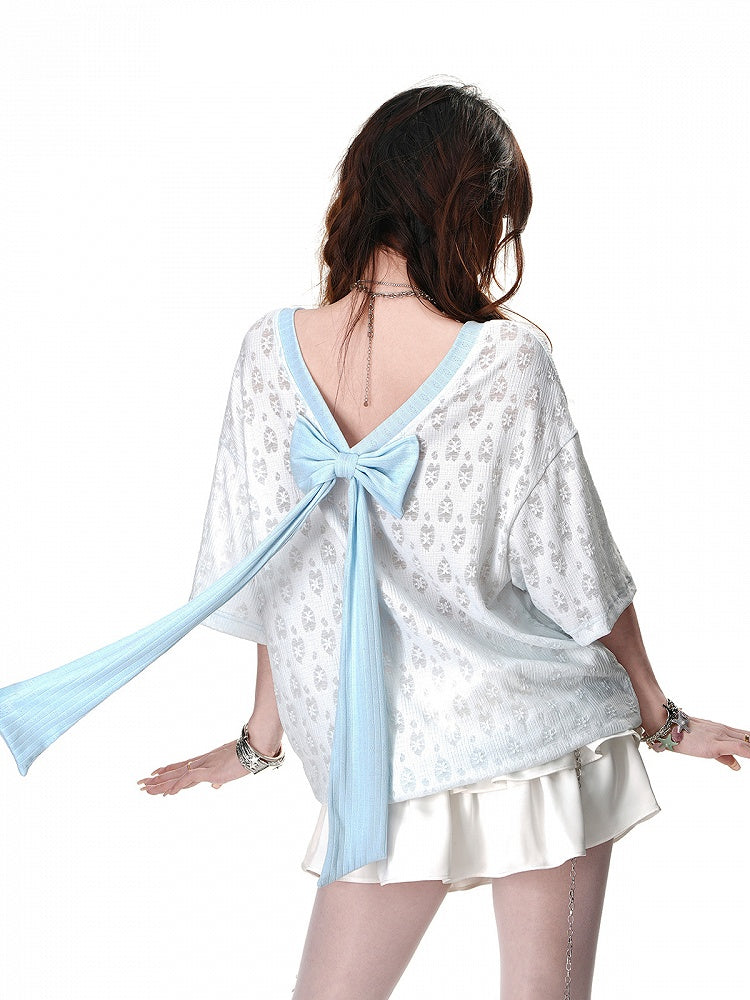 Blue/White Semi-sheer Bowknot Print Backless T-Shirt with Bow