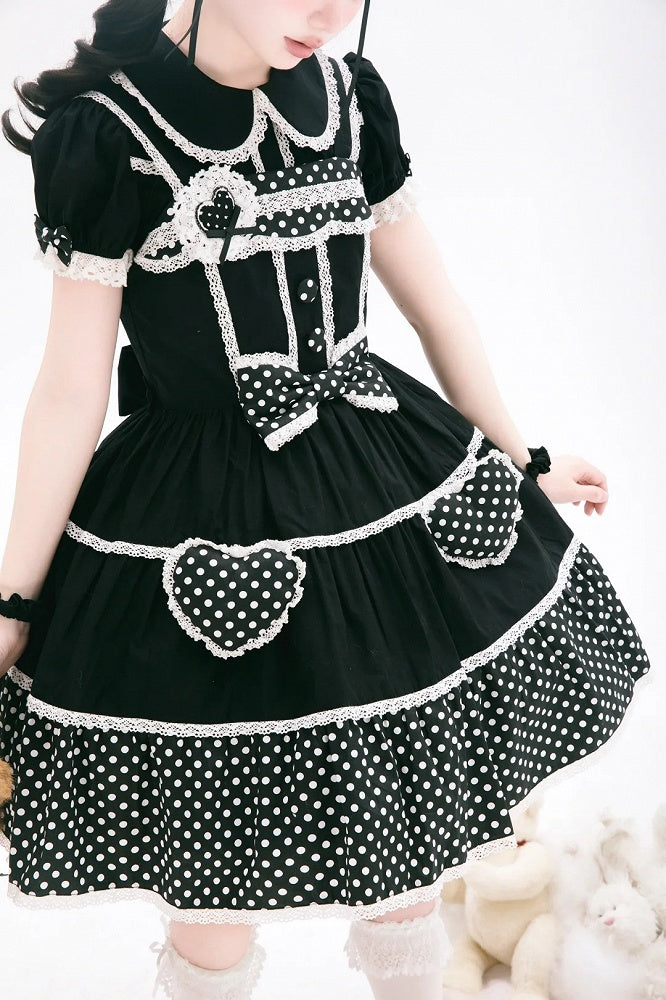 Dress School Polka Old Black Cotton White Dots Lolita