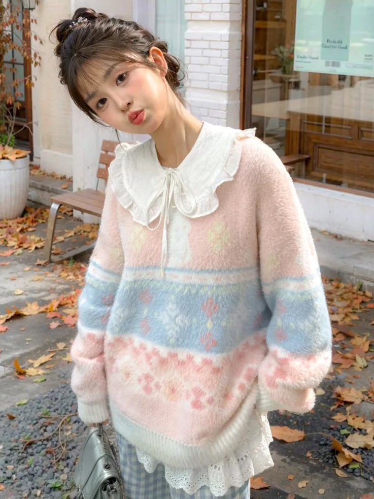 Rosa weicher Pullover mit süßem Häschenmuster und Rundhalsausschnitt