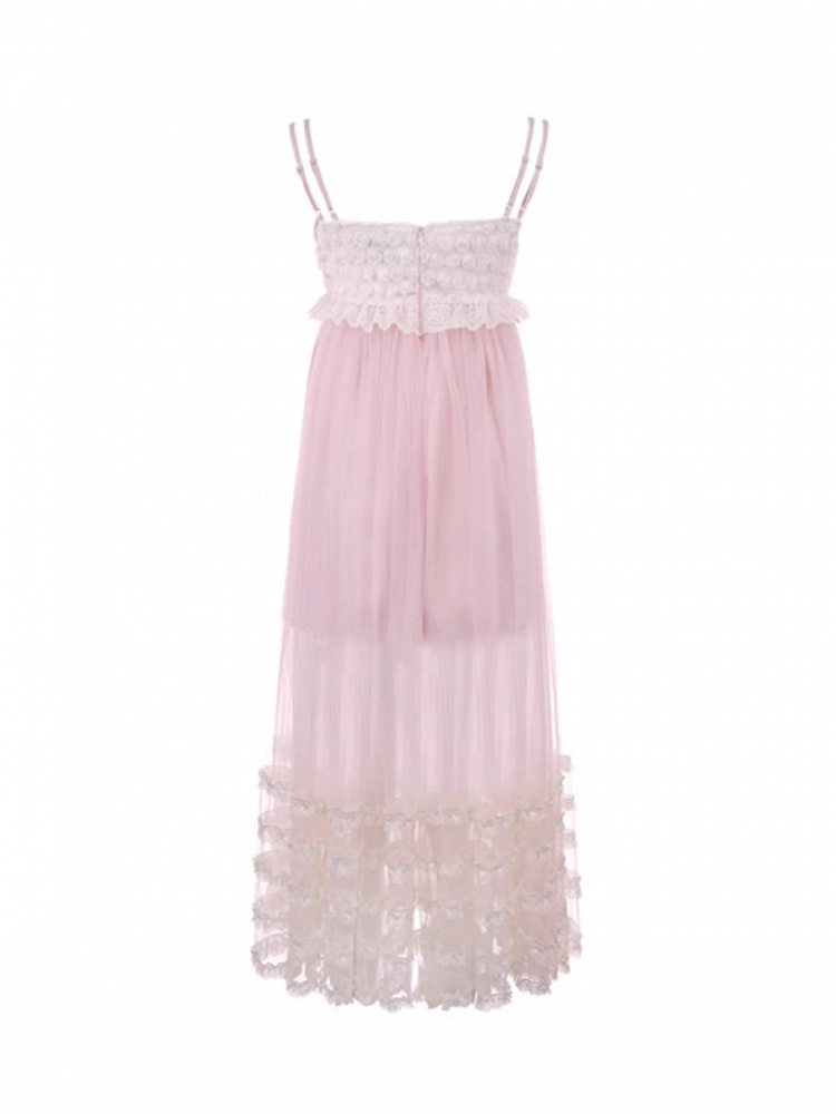 Rosa Länge Slip Spitzenkleid Rüschen Bowknot Tiered Knöchel mit