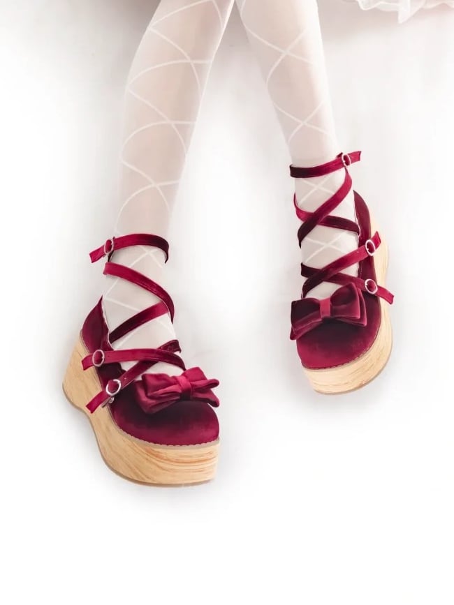Straps Mary Crisscross - Platform Velvet Accents Lolita Bow Wine Sweet Red Janes