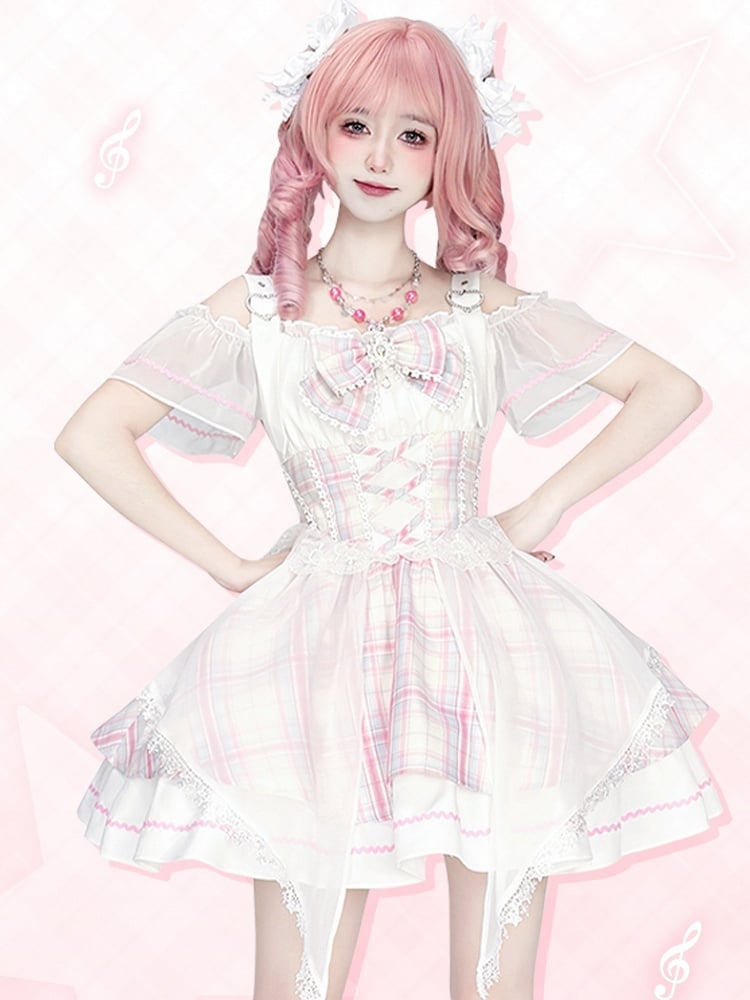 Süßer, schulterfreier Lolita-Pullover mit Idol-Ausschnitt und rosa Karomuster