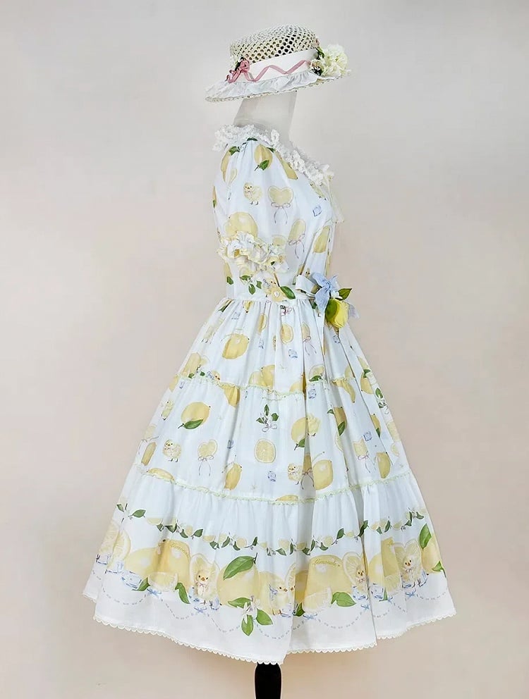 Chick Sleeves for Short Summer White Lolita Dress Print and Lemon Spring