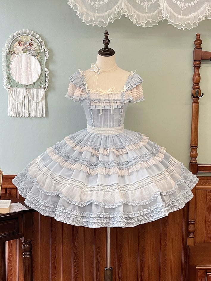 Elegante Verzierungen Plissee Rüschen Klassisches Lolita Kleid Blau Details und