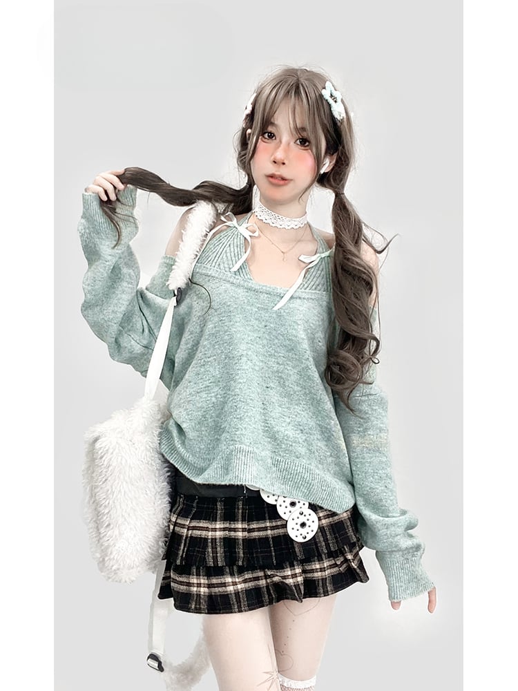 Mintgrüner Neckholder-Strickpullover mit Fake-Zweiteiler