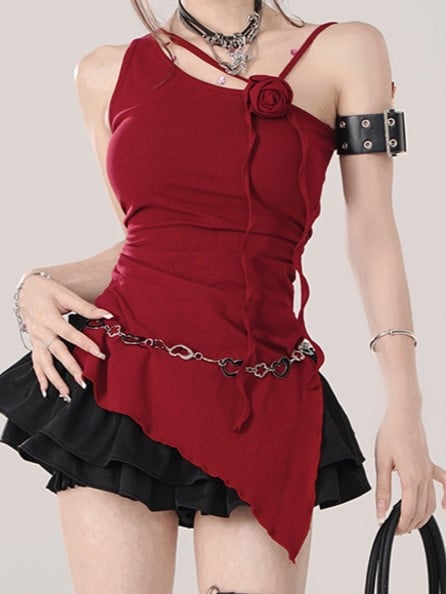 Asymmetrical Shoulder Sleeveless Top with Rose Accent Red
