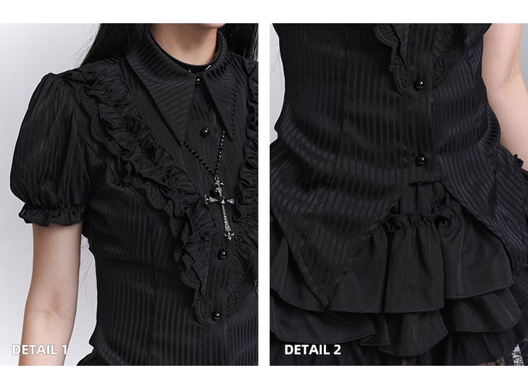 Pointed Flat Collar Curved Hem Gothic Puff Sleeves Blouse Pattern Black Striped