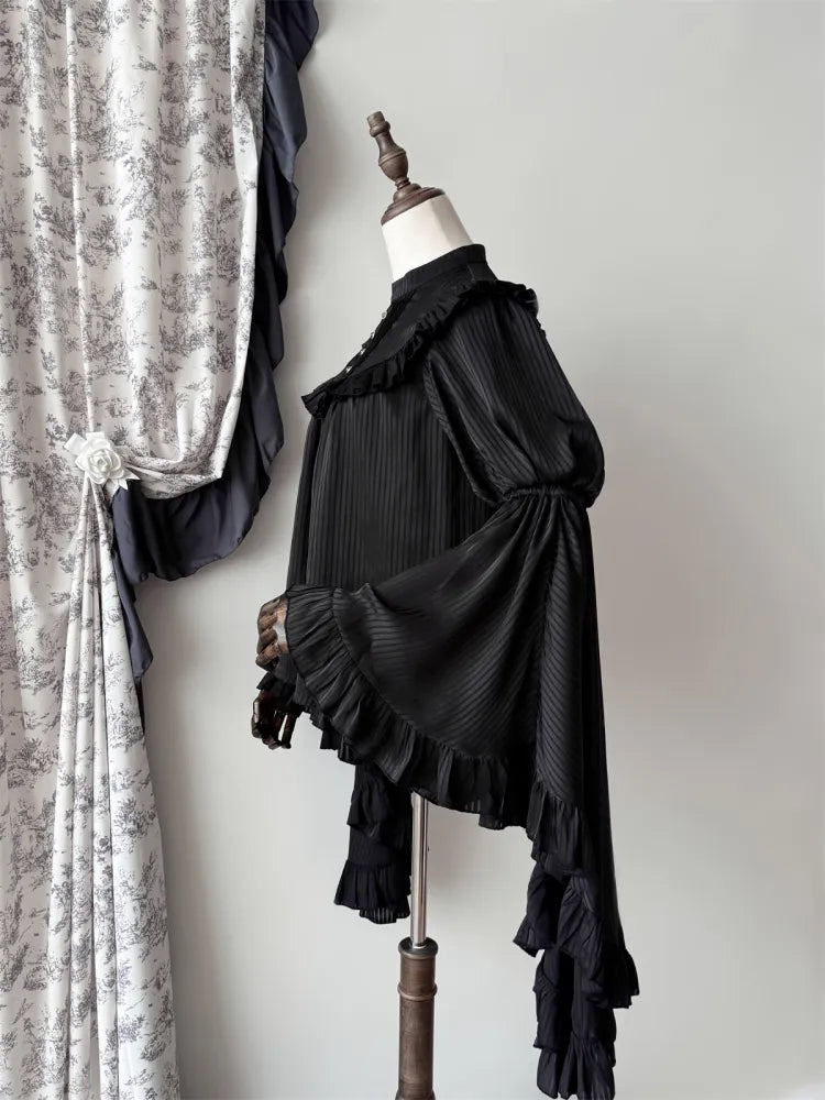 Flounce Trim Gothic Black Blouse Bell Sleeves