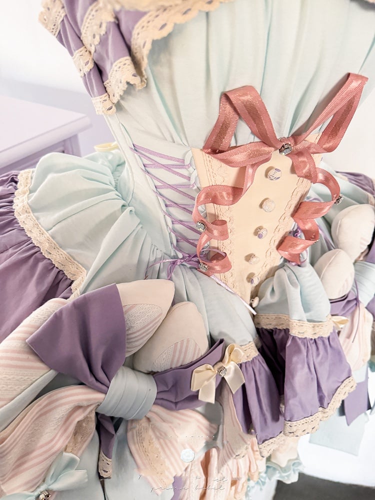 Purple Bowknots Skirt Big Lace-up Basque Waist Tiered Ruffle Sweet Lolita Dress and with Blue on