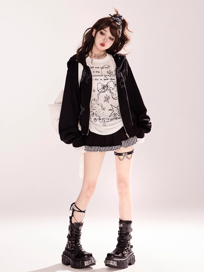 Autumn for Black Letter and Star Print Zip-up Hoodie