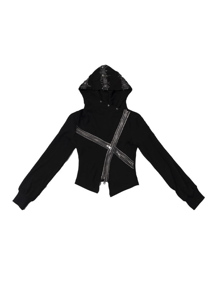 Cardigan With Denim Patchwork Zipper Accents Black Punk Cross Knit Hooded