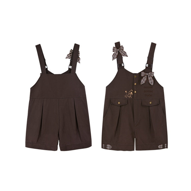 ダークブラウンのチェック柄リボンディテールオーバーオールショーツ