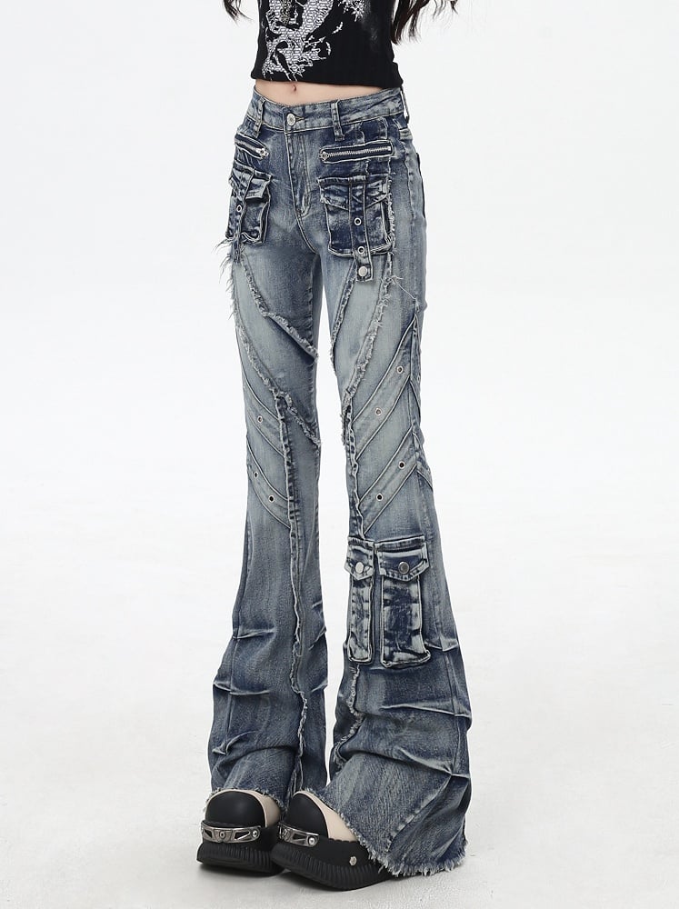Blue Low Rise Raw Hem Faded Wash Flared Cargo Jeans Y2K