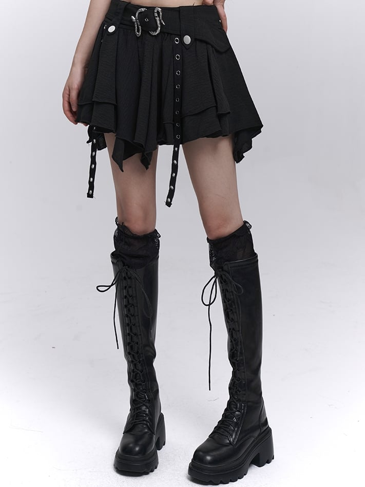 Asymmetrical Hem Tiered Skirt with Black Serpentine Belt