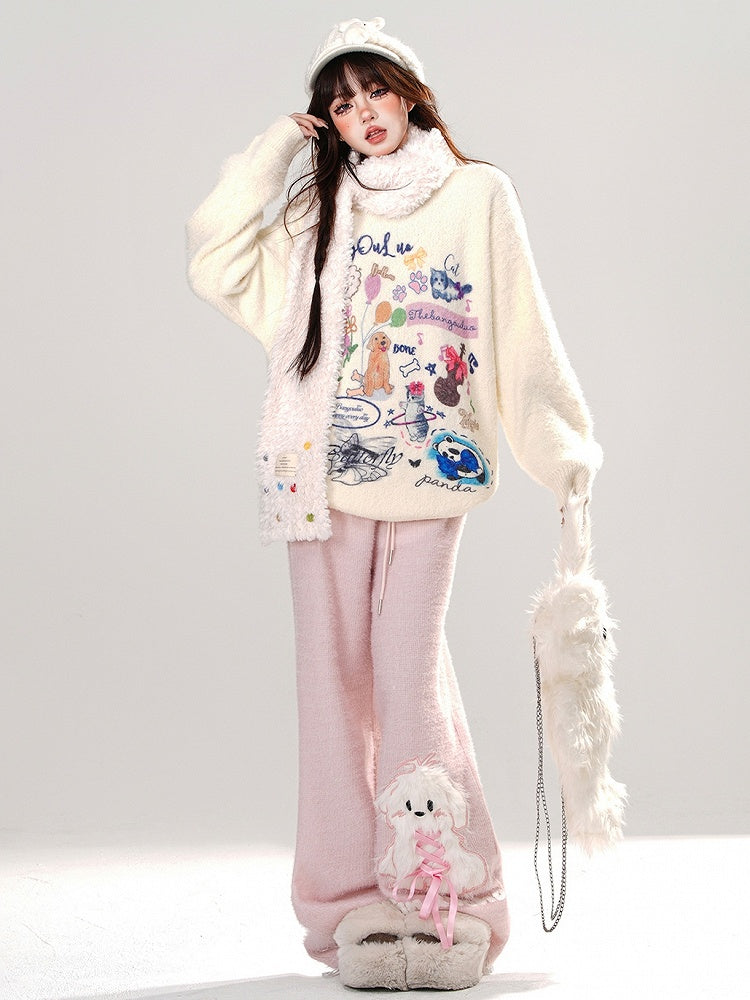 Aprikose/Pink süßer Tiermuster Mohair lockerer Pullover