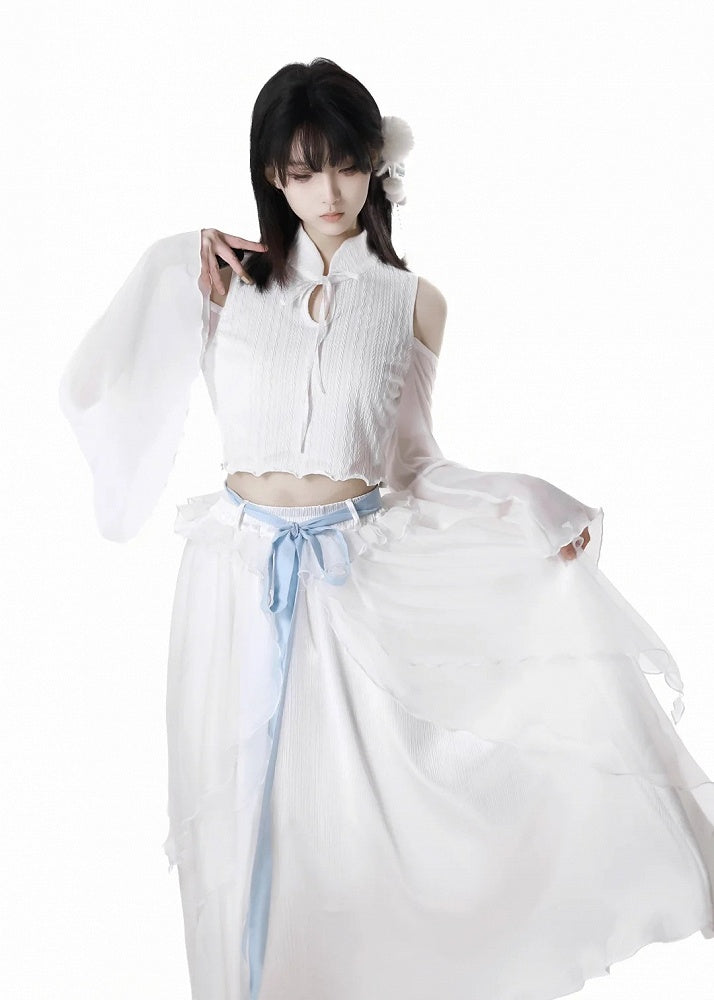 Sleeves Cropped Top White Cheongsam Collar Cutout Shoulder Bell