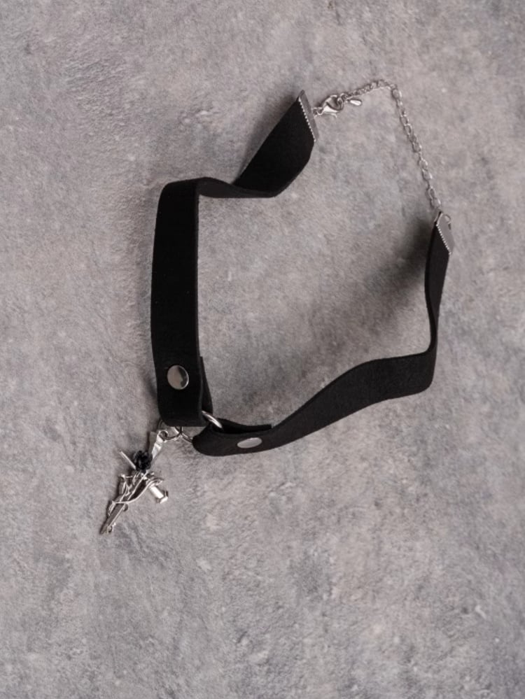 Cross Decorated Choker Gothic Pendant Rosette Black