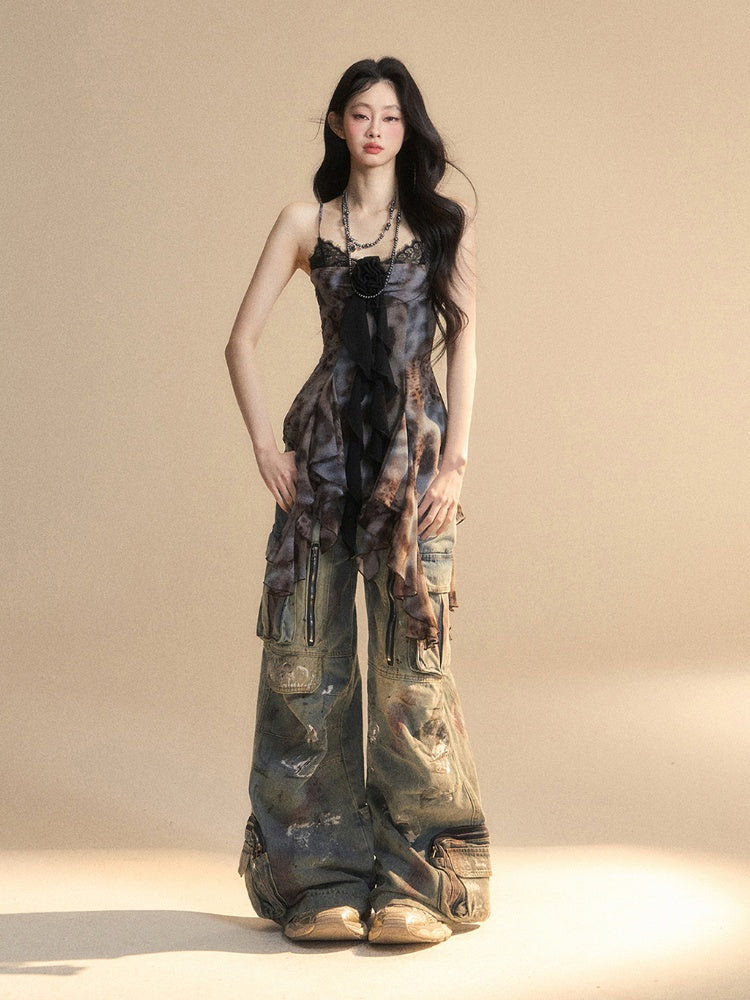 Black Asymmetrical Flounce Hem Floral Embellished Glamorous Cami Top