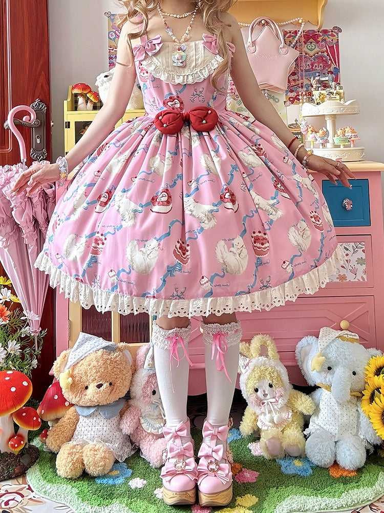 Kitty Cake Fashion Dress Sweet and Showa Pink Lolita Print Cherry