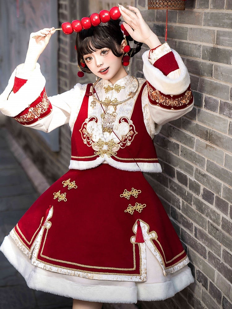 Red New Year Knot Buttons Banded Collar Lolita Dress Vest Tassels Crossbody Bag Full Set