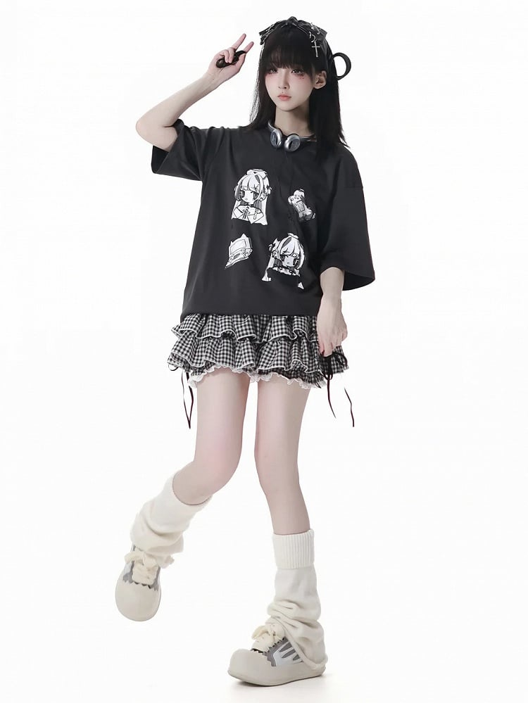 Graues T-Shirt Anime Girl Print Weiß/Dunkel Rundhals Baumwolle