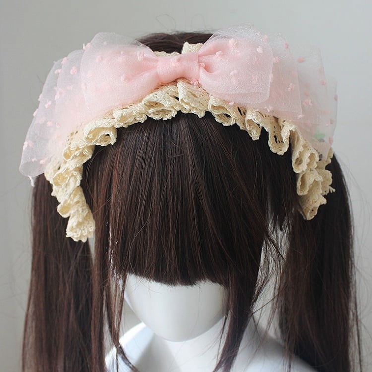 Pink Big Bow Polka-Dot Pattern Lace Trim Beige KC