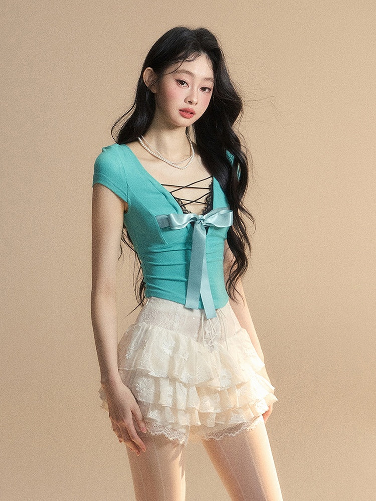 Blue Lace Trim V-Neck Cutout Tiffany Slim-fitting Back T-Shirt Big Bow