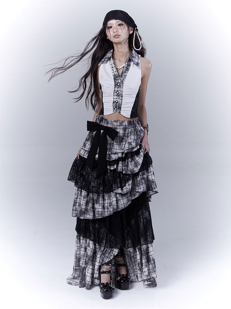 Regular/Long Version Asymmetrical Tiered Plaid Skirt Black Punk