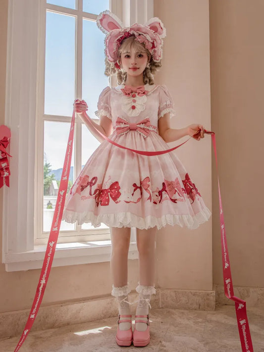 Short Bows Pink Piece One Sweet Dress and Sleeves Print Lolita Bunny