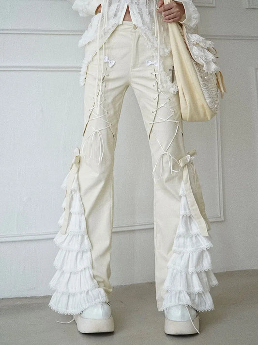 Pants Design Beige with and Tiered Flared Detail Butterflies Lace-up Bowknots