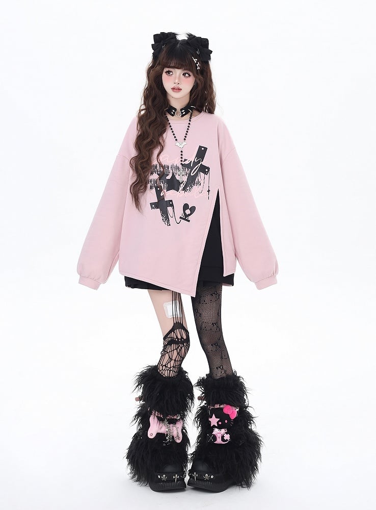 Pink/Black Cross Side-Slit Sweatshirt with Big Bow at Back