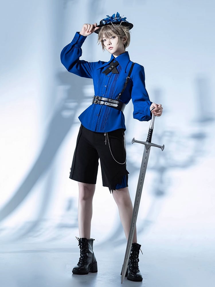 Long Klein Gray Blue and Point Collar Shirt Pleating Foldover Detailing Lace / Prince Sleeves