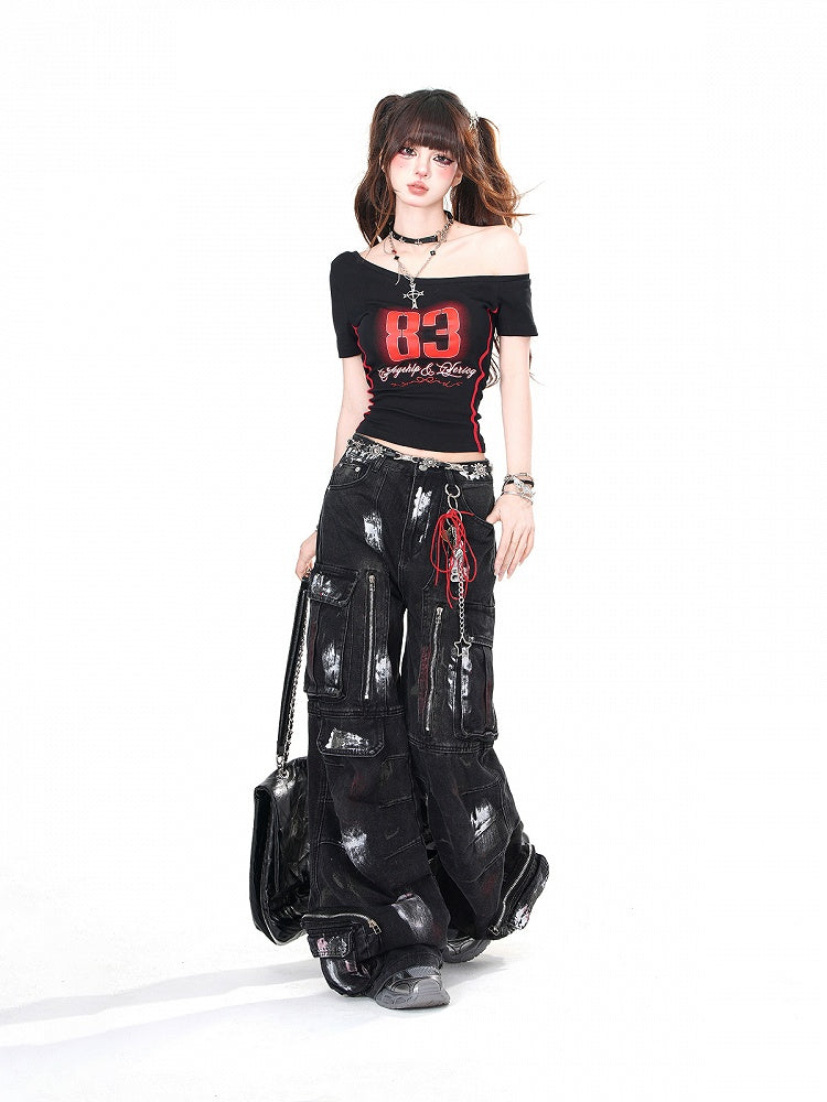 Black Asymmetrical Neckline Number Print Glamorous Cropped Top