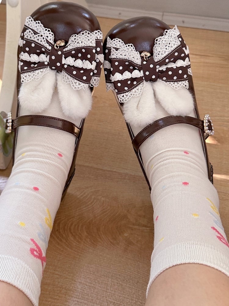 Lolita Bunny Schuhe Pom Mary Jane Braun Süß mit Ohren Schwanz