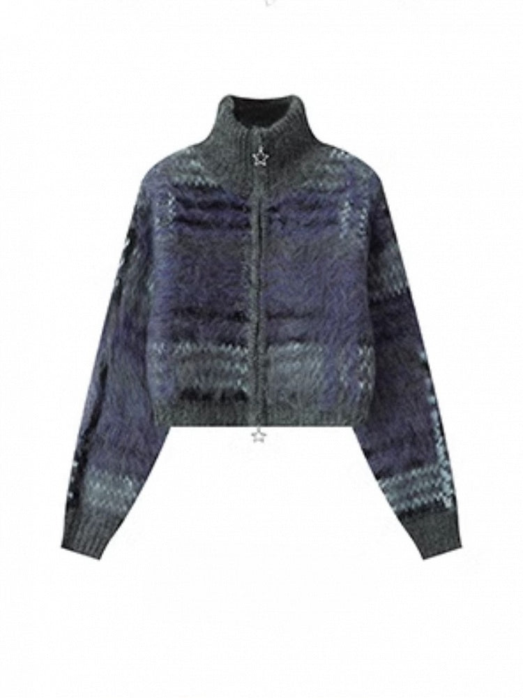 Cuffs with Gray Sweater Ribbed Purple Lockstitch Striped Crop Knit Detailing Mohair