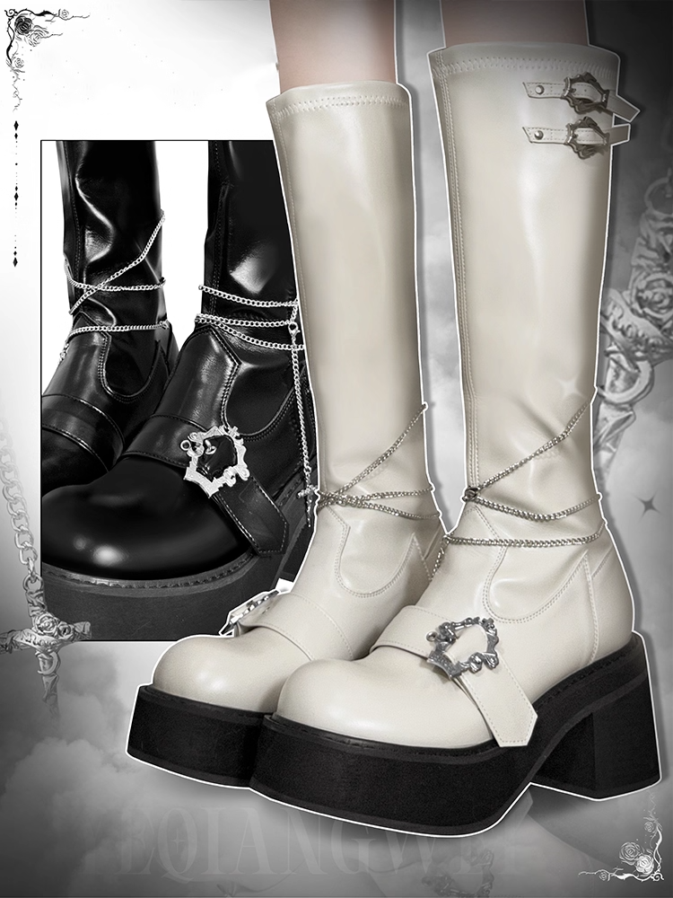 Cross White Buckles Polished Boots Knee-high Platform and Detachable Gothic Chain Coffin with