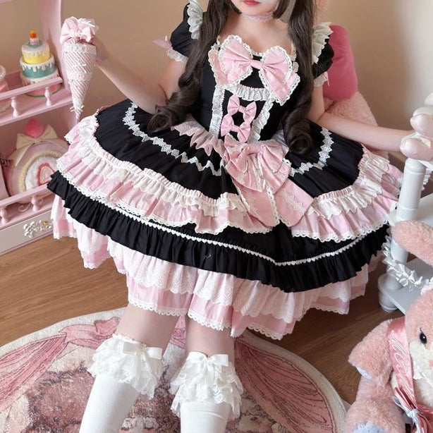 Piece and Pink Sleeves Lolita Bow One Dress Sweet Short Accents Black