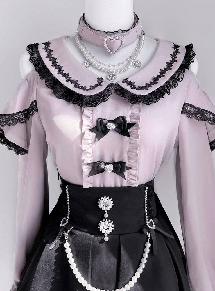 Detachable Design Choker Pink Trim Black Lace Jirai Kei Peter Pan Collar Cutout Shoulder Contrast Blouse with