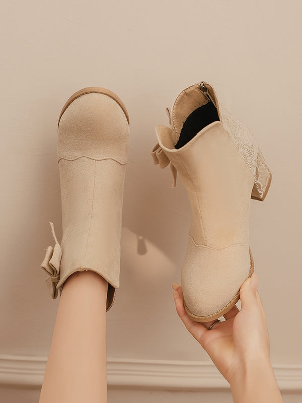Verschlüsse Block und 6,5 cm Schleife Wildleder mit Rückseite - Akzent Beige Stiefel Satin-Version Ferse Reißverschluss Normal/Dicke Kombination