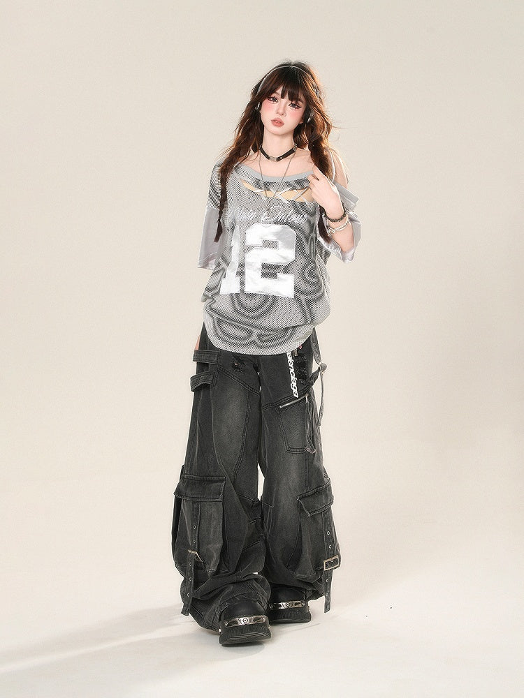 Gray Cutout Shoulder Embroidered Sports T-Shirt with Lace-up Detail