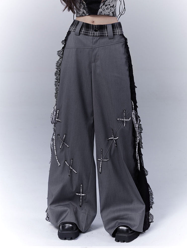 Dark Gray Lace Patches Details with Casual Pants Side Lace-up