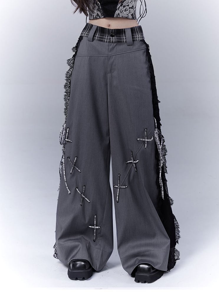 Dark Gray Lace Patches Lace-up with Casual Pants Details Side