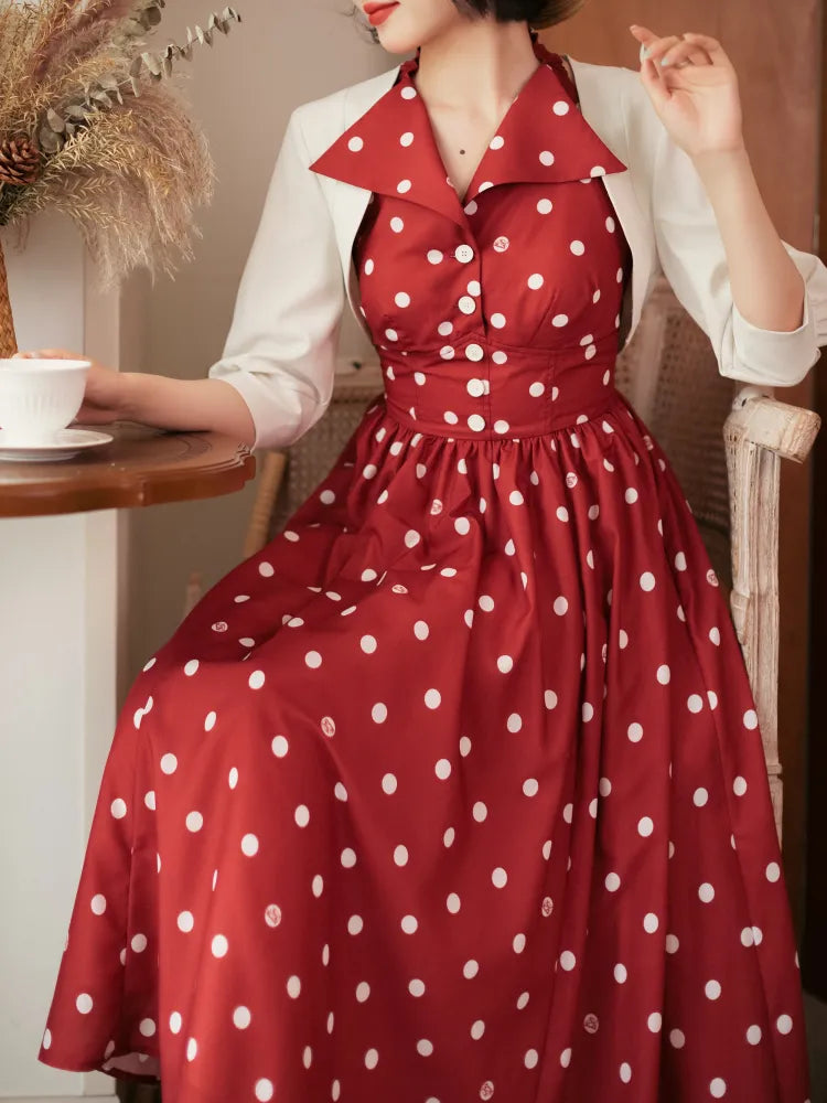 Fashion Bow Halter Polka Retro Back Print Dress Pattern Neck Red Dots Backless Big