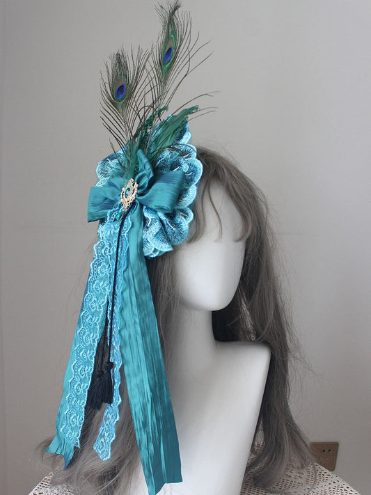 Blue Bowknot Rhinestone Hairclip Decorated Feather Design Tassels Peacock