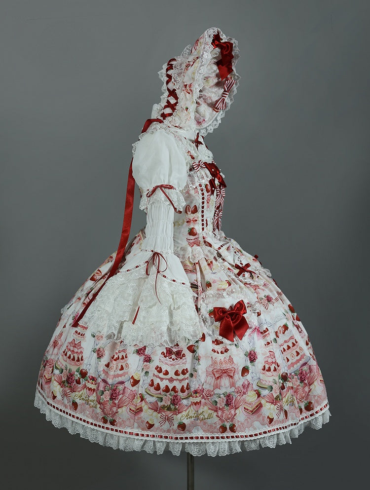 Sweet Bow JSK Full Lolita Accents Print / White Desserts and Set Strawberry